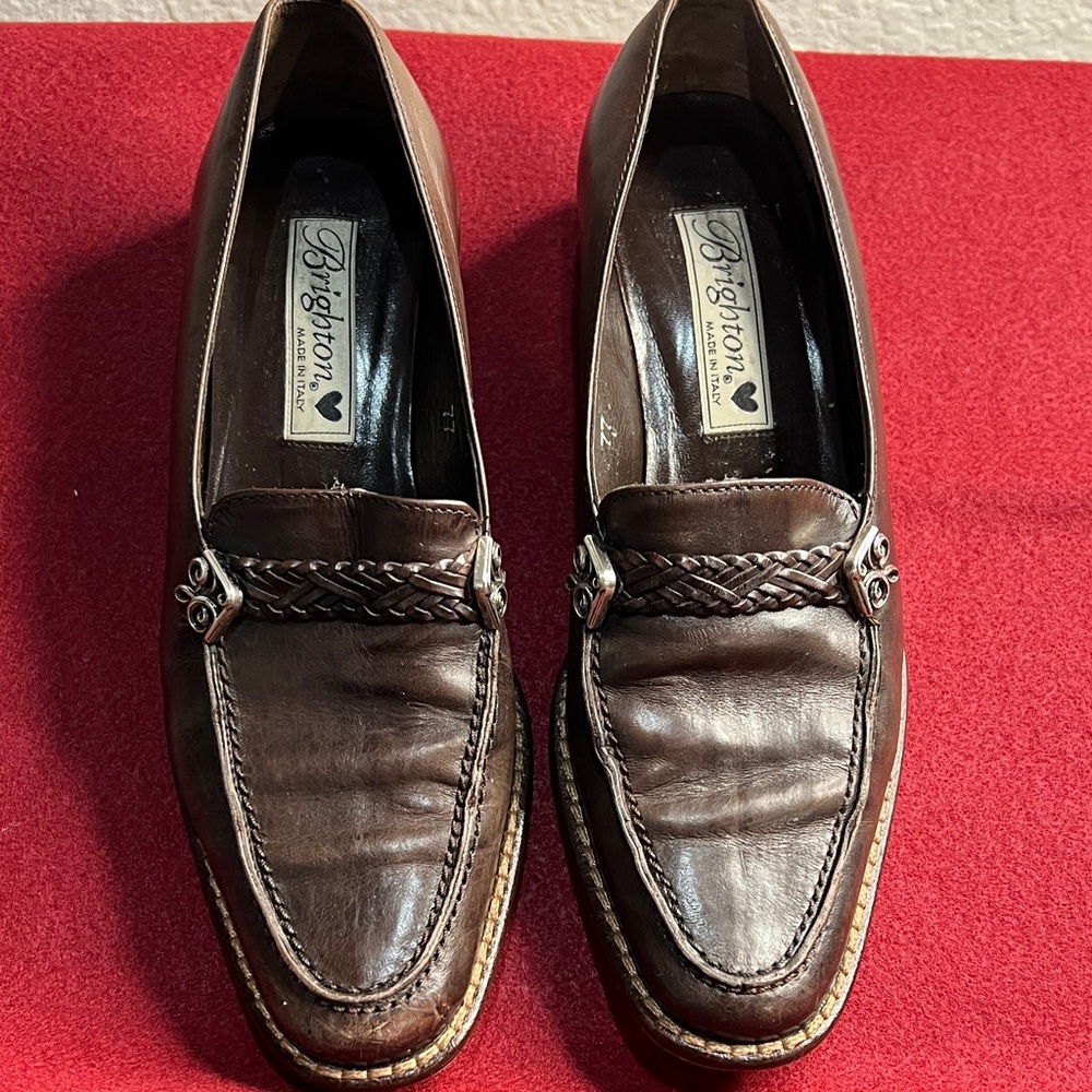 Brighton Brown Leather Braided-Trim Slip-On Loafers